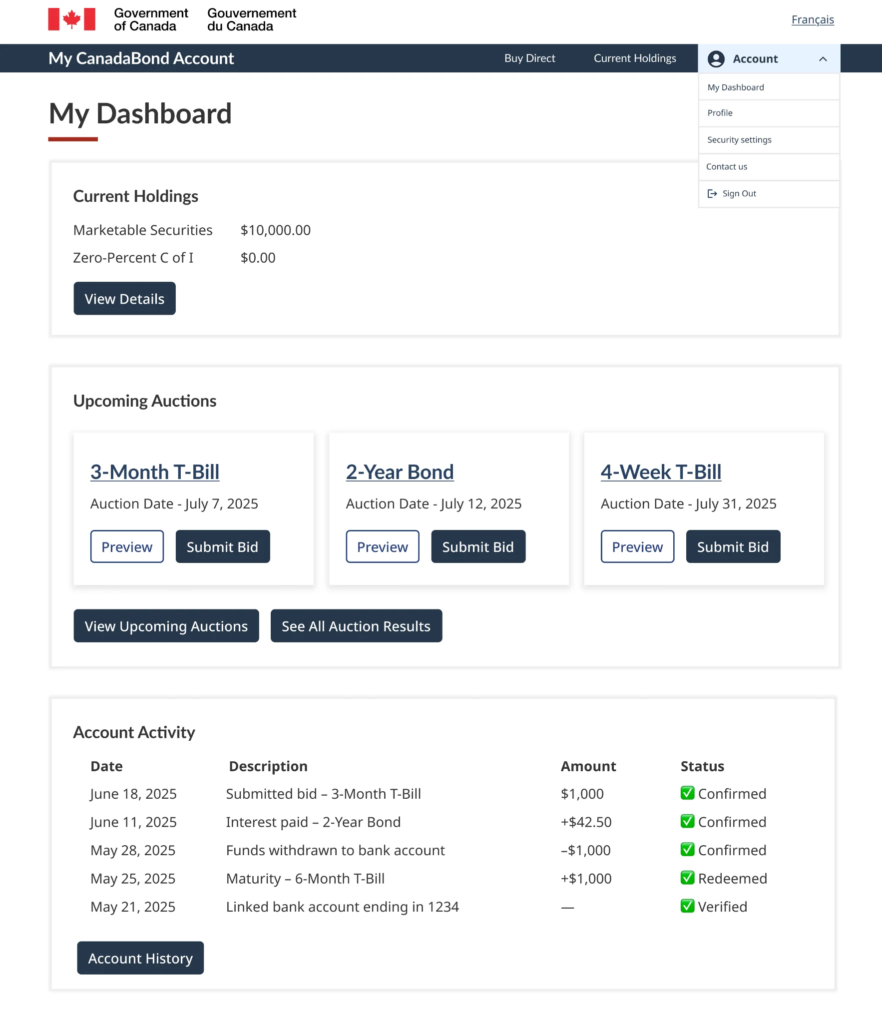 CanadaBond user dashboard mockup